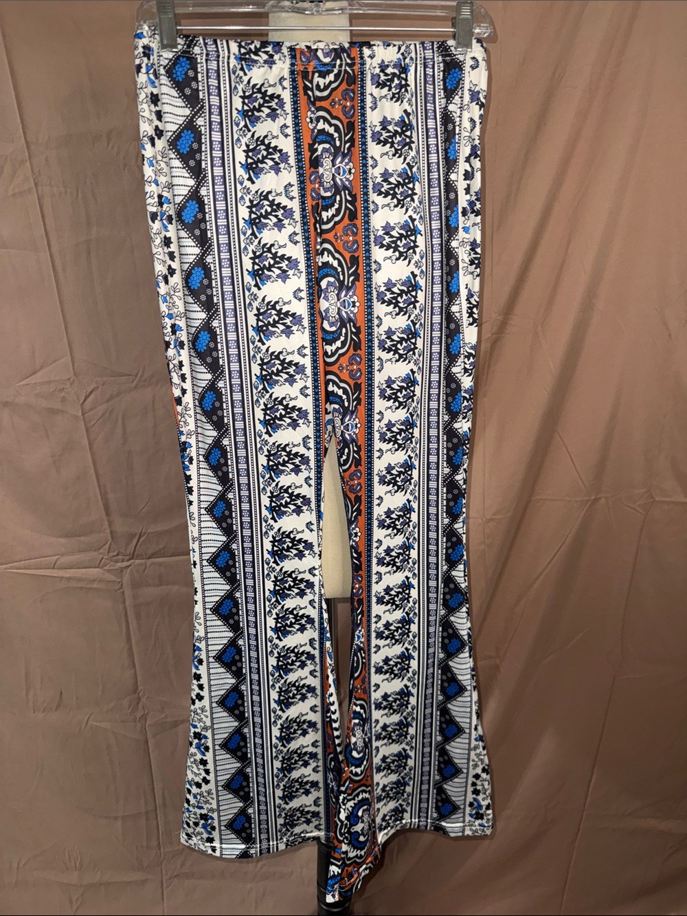 Boho Print Flare Pants in White, Blue & Orange- Large